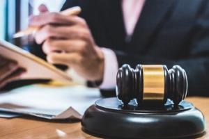 An immigration lawyer seated at a desk with a gavel and soundblock in the foreground.
