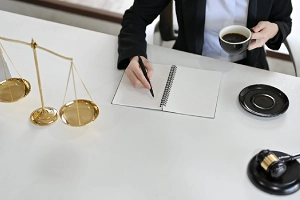 An immigration lawyer works while holding a cup of coffee